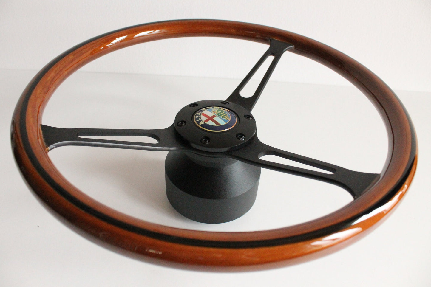 Steering Wheel For Alfa Romeo 2000 GTV Veloce GT Montreal Nuova Giulia (1971-1975) - Wooden Rim, Black Trim, Classic, 380mm