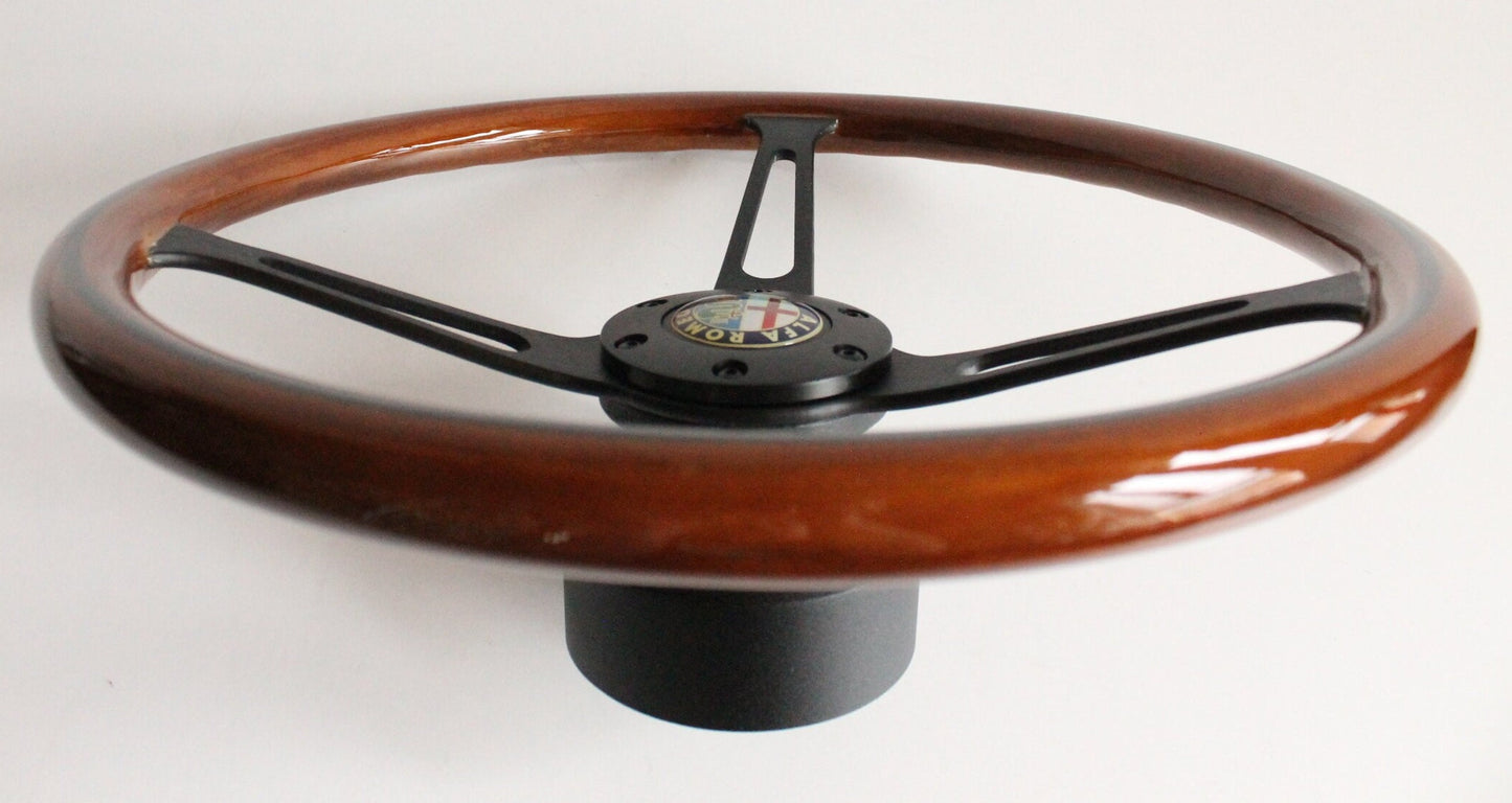 Steering Wheel For Alfa Romeo 2000 GTV Veloce GT Montreal Nuova Giulia (1971-1975) - Wooden Rim, Black Trim, Classic, 380mm