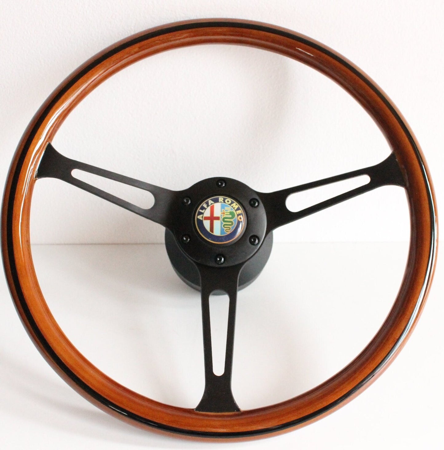 Steering Wheel For Alfa Romeo GT SPIDER S2 Giulia Montreal (1969-1982) - Wooden Rim, Black Spokes, Black Trim, Classic, 380mm