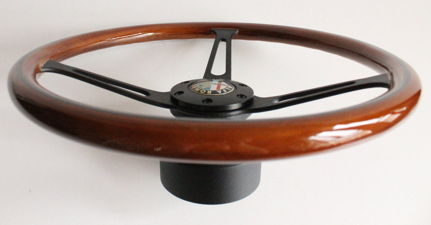 Steering Wheel For Alfa Romeo GT SPIDER S2 Giulia Montreal (1969-1982) - Wooden Rim, Black Spokes, Black Trim, Classic, 380mm