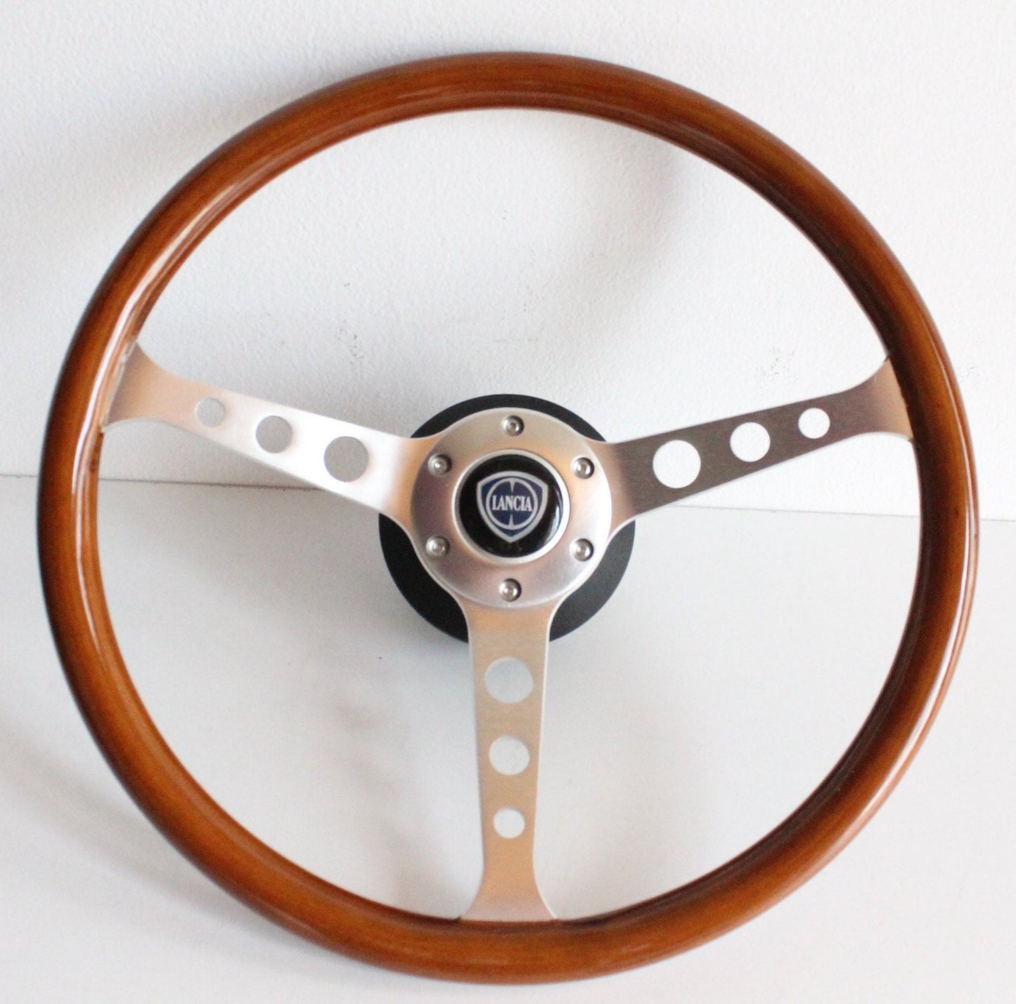 Steering Wheel For Lancia Dedra Delta - Wooden Rim, Silver Spokes With Holes, Vintage, 380 mm