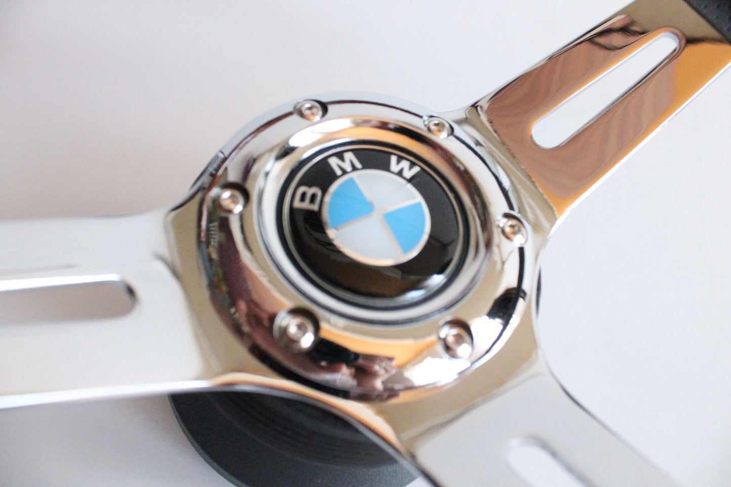 Steering Wheel For BMW E24 E28 E30 E32 E34 (1986-1992) - Flat Bottom, Wood, Vintage, Grey Leather, Chrome spokes, 350 mm