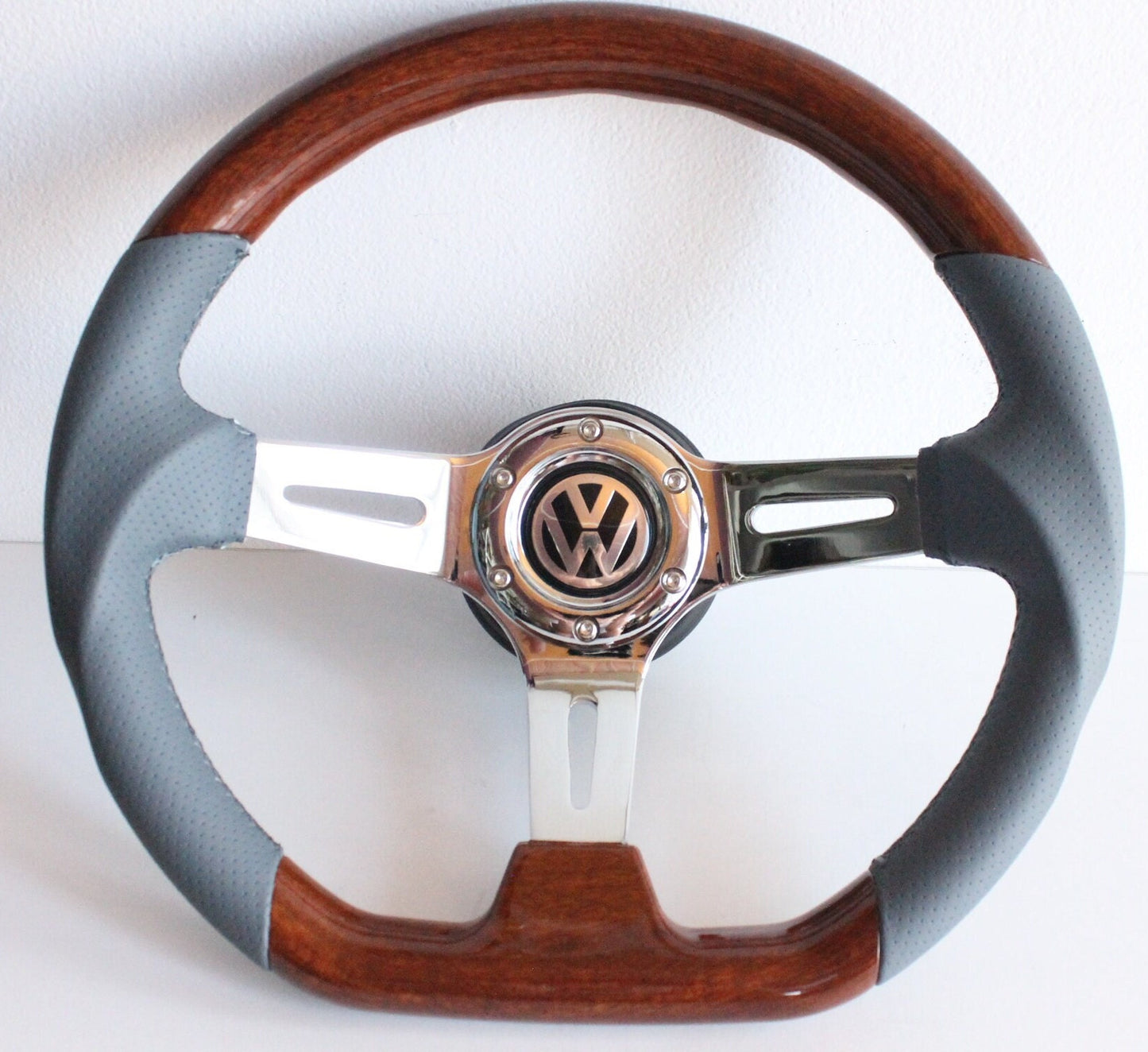 Steering Wheel For VW Golf Jetta Mk4 Passat B5 - Flat Bottom, Wood, Vintage, Grey Leather, Chrome spokes, 350 mm