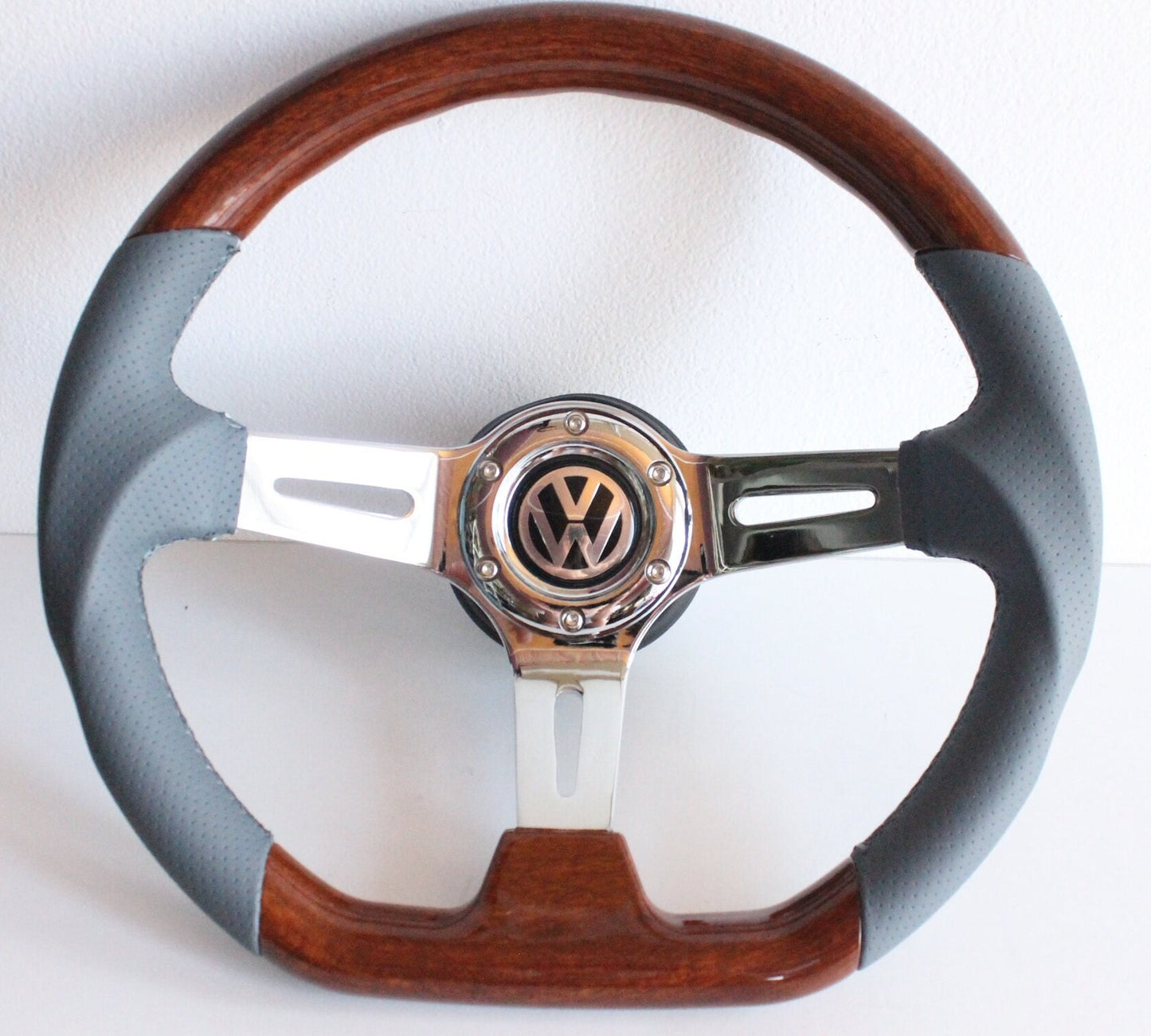 Steering Wheel For VW Golf Jetta Mk5 Passat Touran Caddy Polo EOS (2003-2010) - Flat Bottom, Wood, Vintage, Grey Leather, Chrome spokes, 350 mm