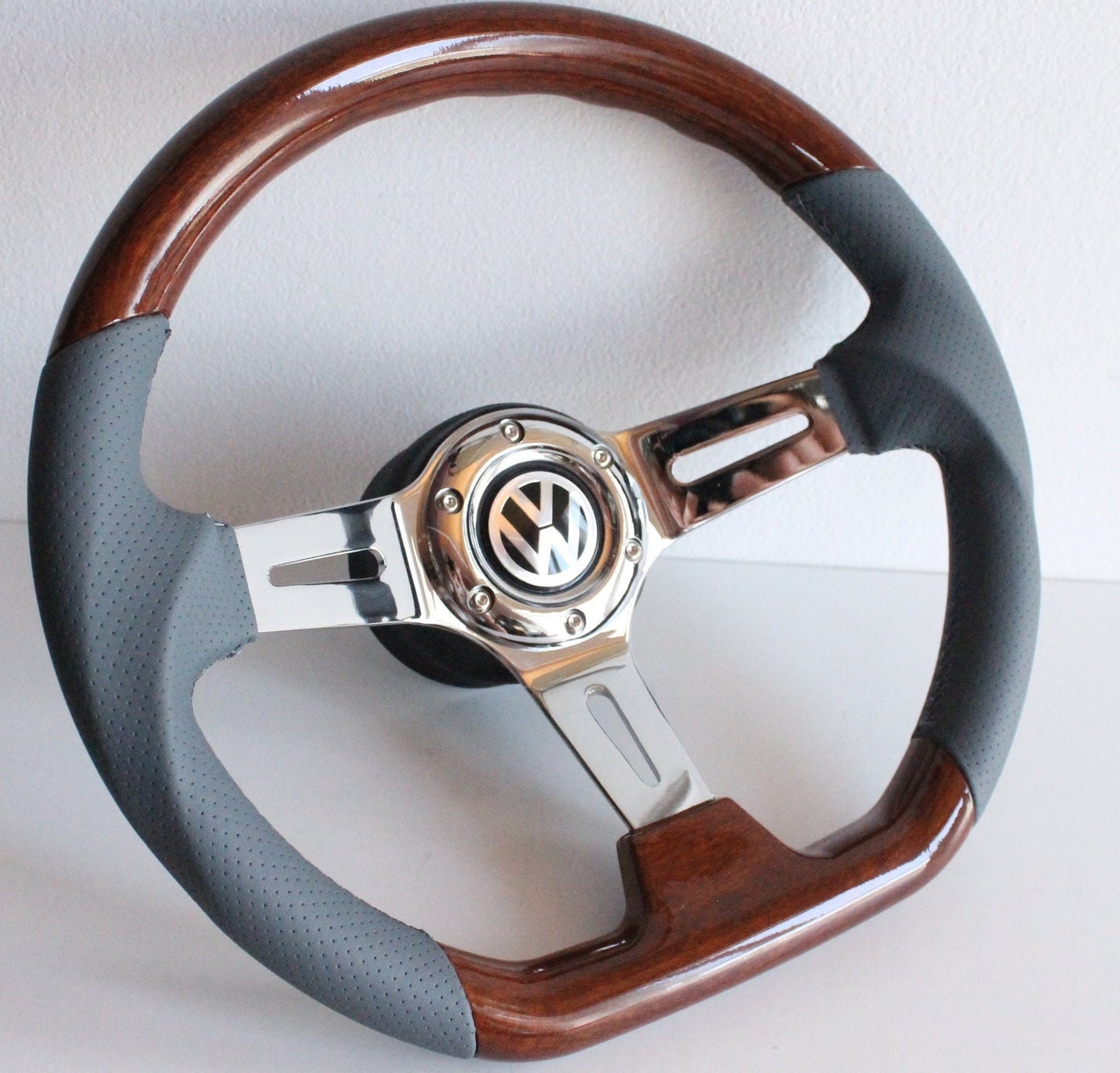 Steering Wheel For VW Golf Jetta Mk5 Passat Touran Caddy Polo EOS (2003-2010) - Flat Bottom, Wood, Vintage, Grey Leather, Chrome spokes, 350 mm