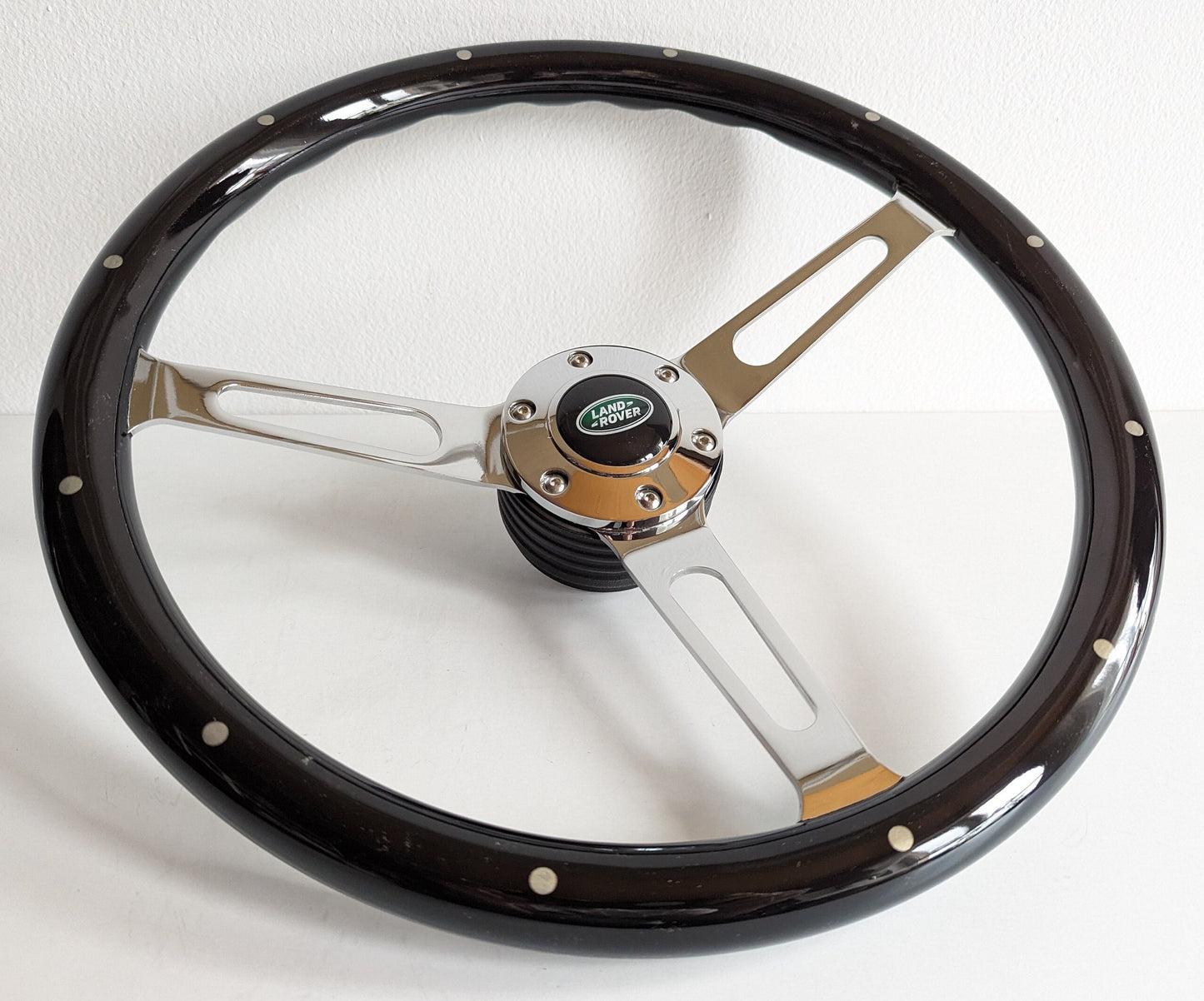 Steering wheel fits for Land Rover / Range Rover (1983-1985) - 380mm Wooden Rim, Black Finish & Chrome Spokes