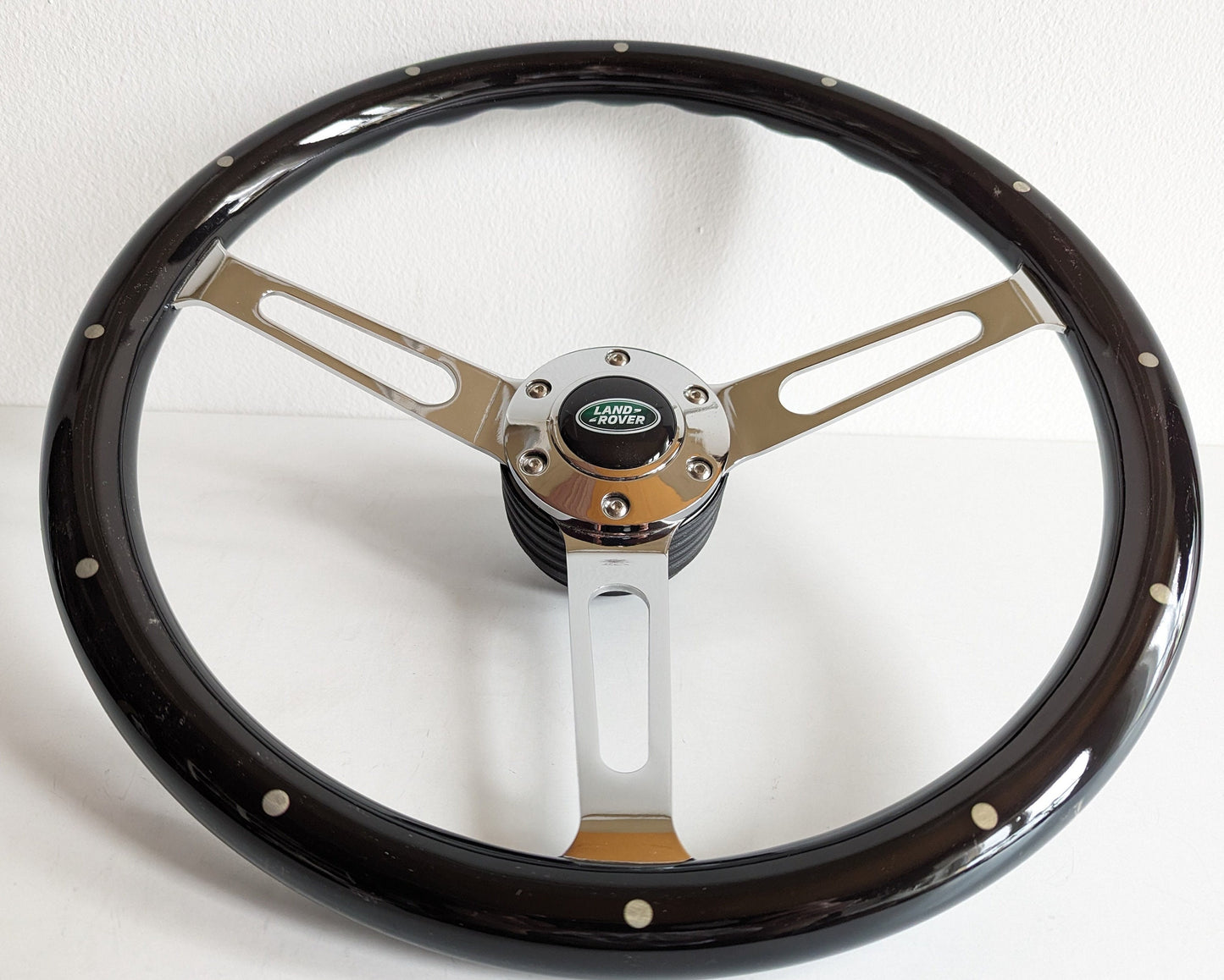 Steering wheel fits for Land Rover / Range Rover (1983-1985) - 380mm Wooden Rim, Black Finish & Chrome Spokes