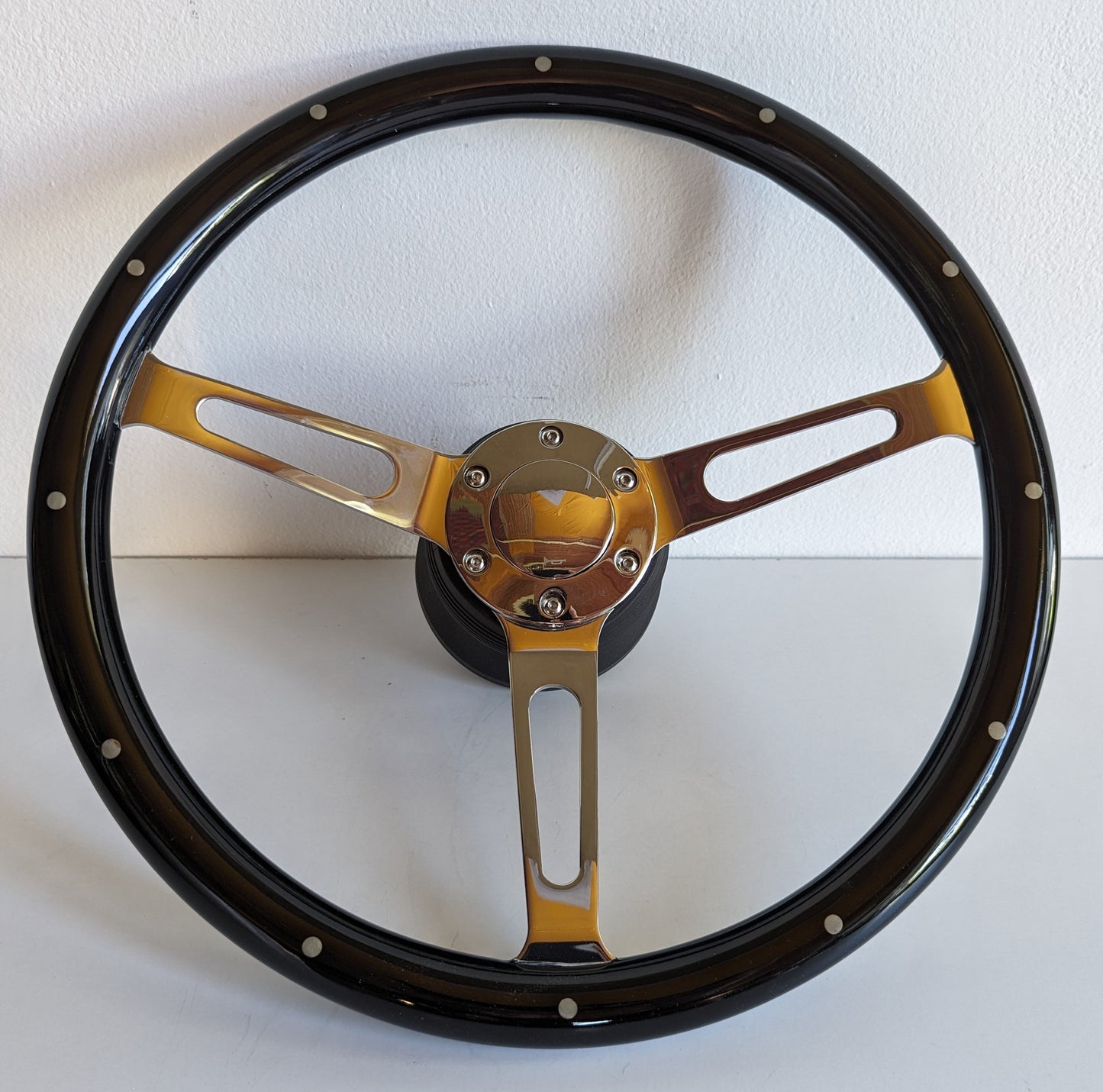 Steering Wheel For Mercedes Benz W114 W115 W116 R107 (1972-1977) - 380mm Wooden Rim, Black Finish & Chrome Spokes