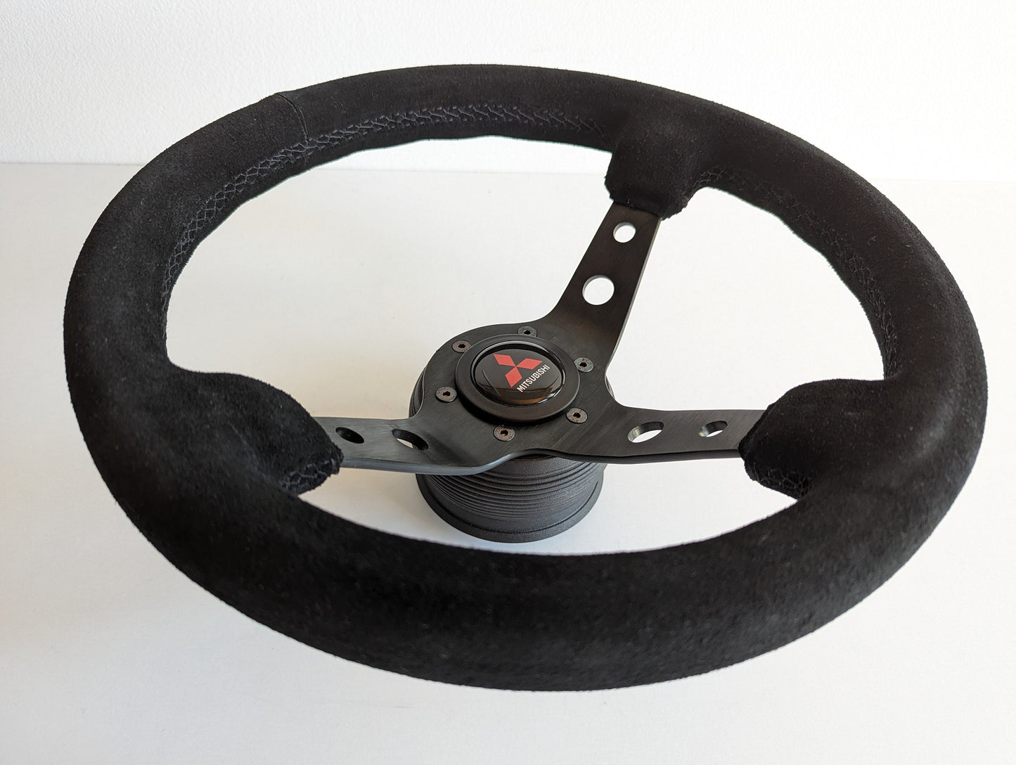 Steering Wheel For Mitsubishi Eclipse Lancer evo Galant Pajero - Deep Dish, Black Stitching, Black Spokes with Holes, Sport Vision, 350 mm
