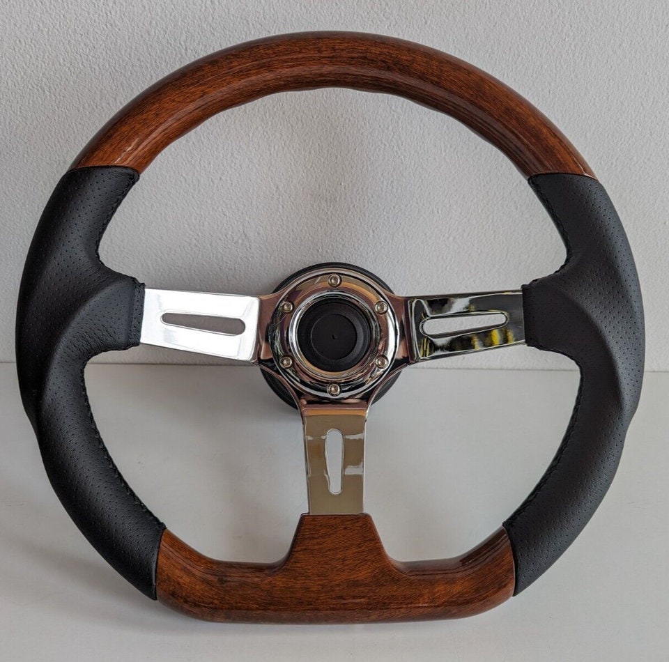 Steering Wheel For Mercedes Benz W124 W210 W140 R129 SL W202 R170 SLK W208 Flat Bottom, Wood, Vintage, Black Leather, Chrome spokes, 350 mm