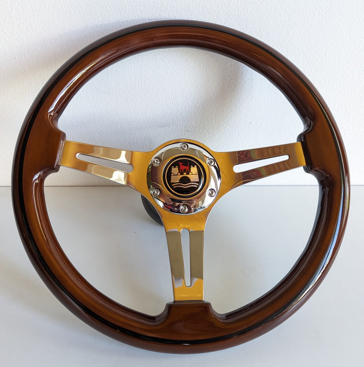 Steering Wheel For VW Wolfsburg Golf Jetta Mk1 Mk2 - Solid Wood, Black Trim, Vintage, Black Spokes, 350 mm