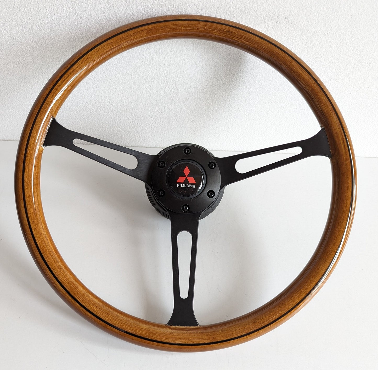 Steering Wheel For Mitsubishi Pajero 1st generation Montero Shogun (1982-1991) - Wooden Rim, Black Spokes, Black Trim, Classic, 380mm