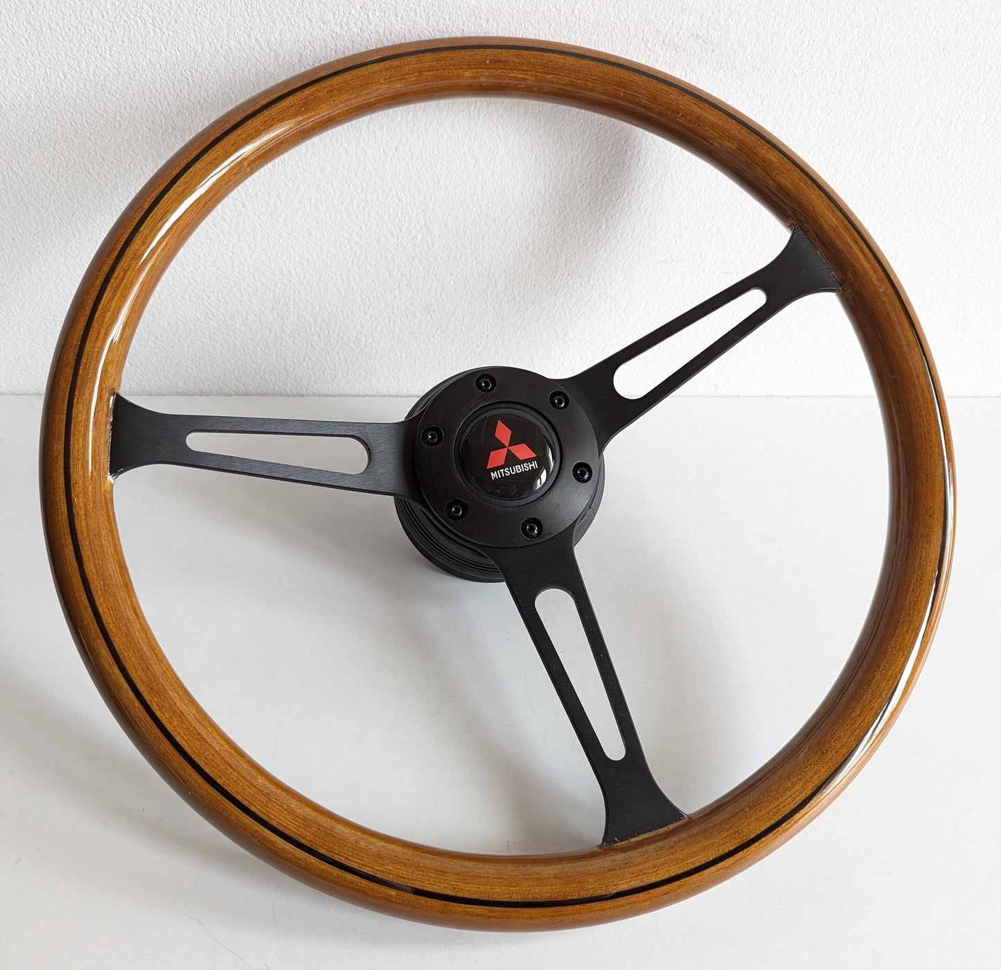Steering Wheel For Mitsubishi Pajero 1st generation Montero Shogun (1982-1991) - Wooden Rim, Black Spokes, Black Trim, Classic, 380mm