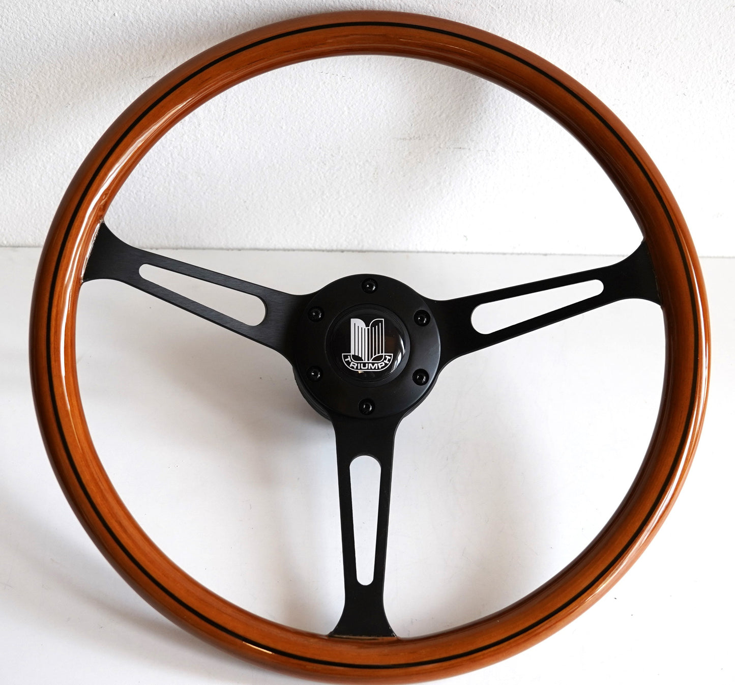 Steering Wheel For TRIUMPH 2500 P.I. PI Dolomite Stag - Wooden Rim, Black Spokes, Black Trim, Classic, 380mm