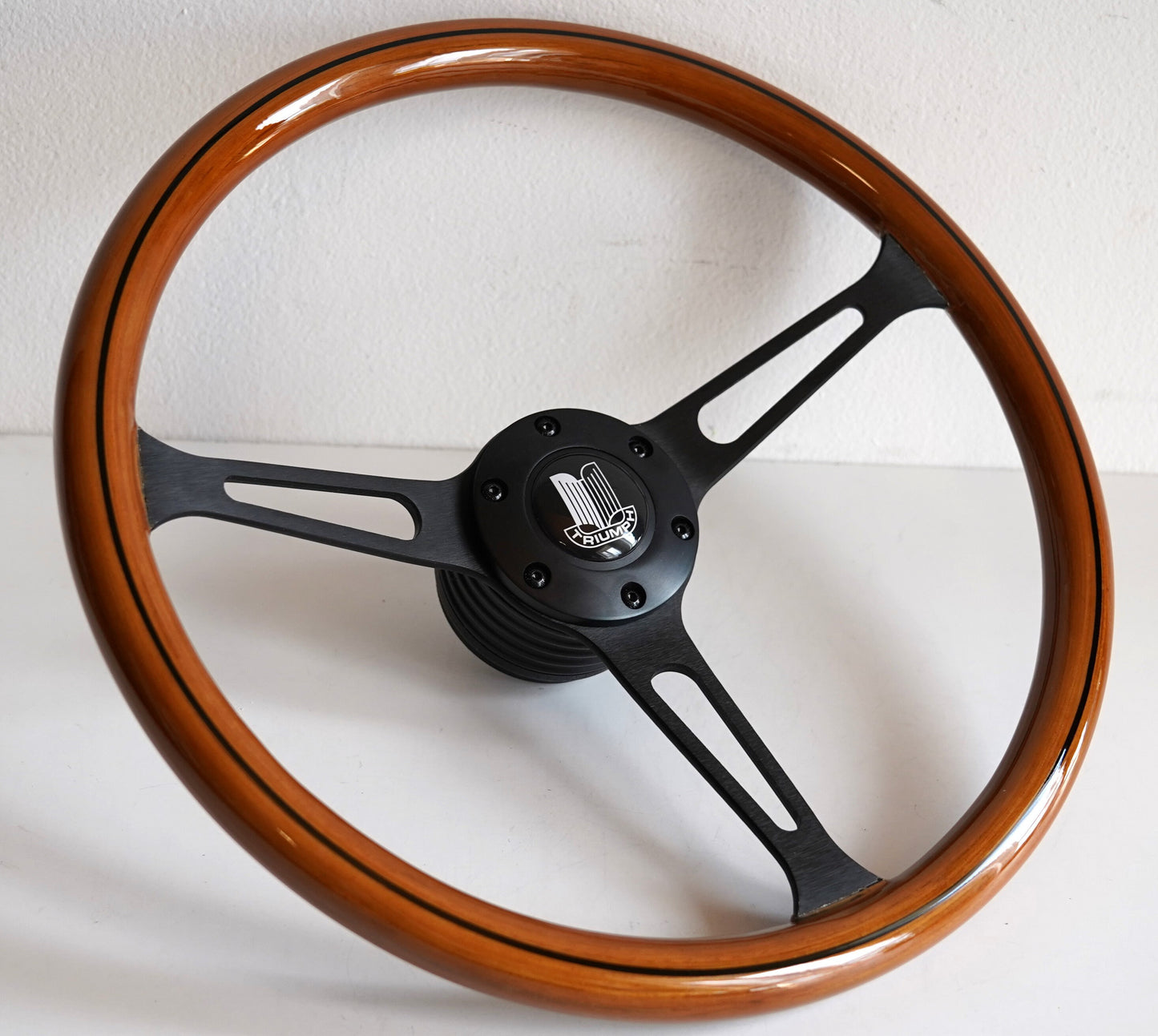 Steering Wheel For TRIUMPH Spitfire MK IV 4 1500 TR7 TR8 - Wooden Rim, Black Spokes, Black Trim, Classic, 380mm