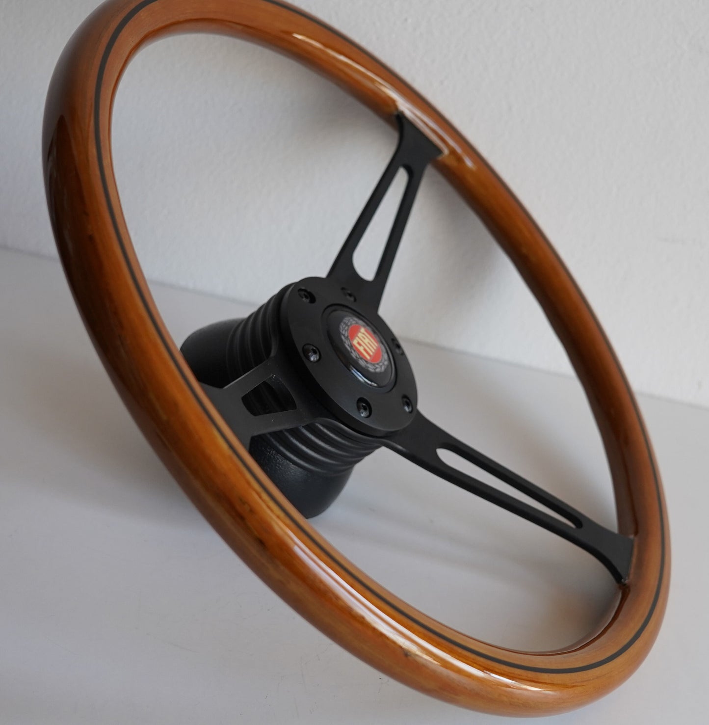 Steering Wheel For FIAT 124 125 128 850 1100 Berlina Coupe Special - Wooden Rim, Black Spokes, Black Trim, Classic, 380mm