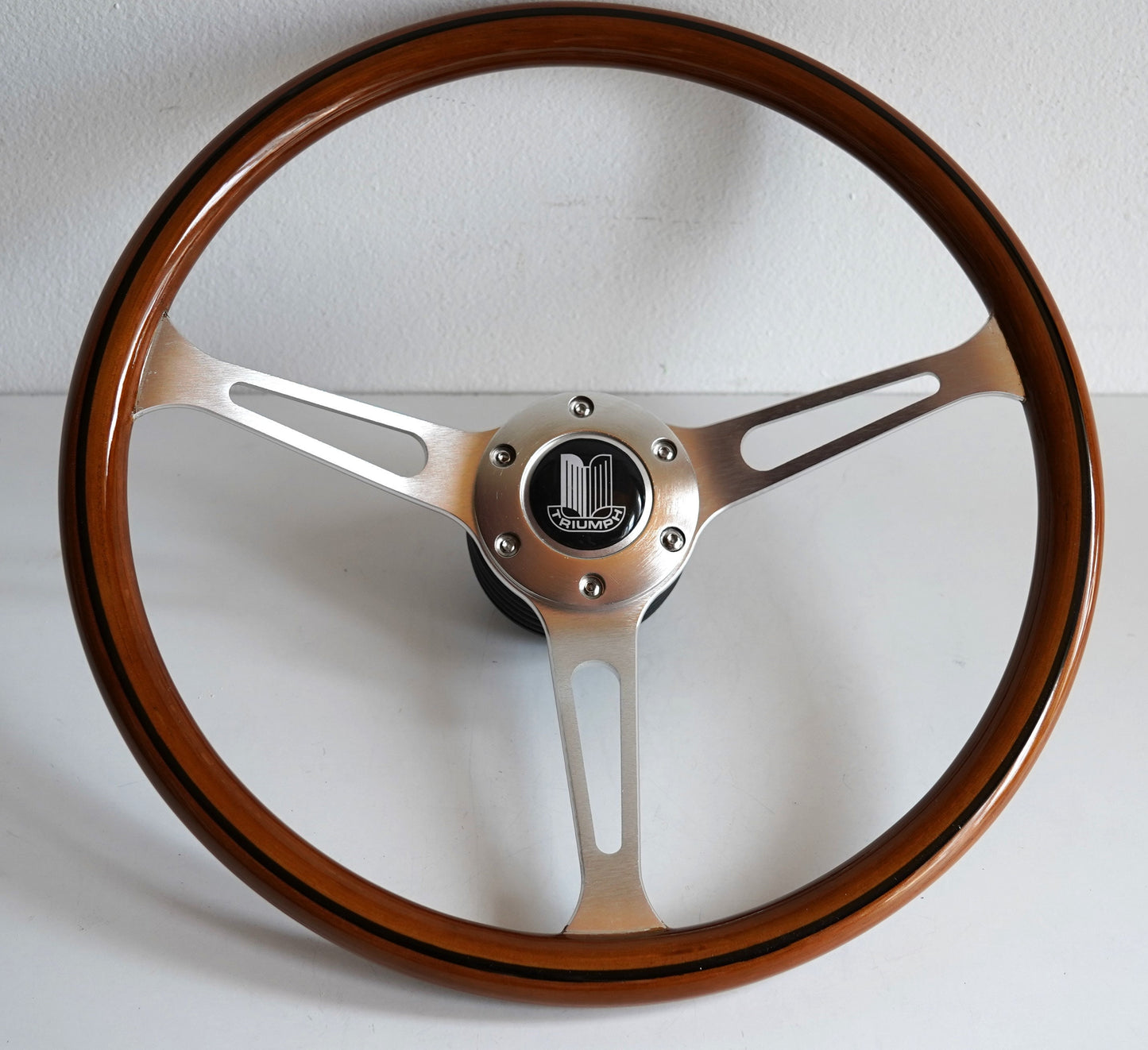 Steering Wheel For TRIUMPH 2500 PI P.I. Dolomite Stag - Wooden Rim with Black Trim, Silver Spokes, Classic, 380mm