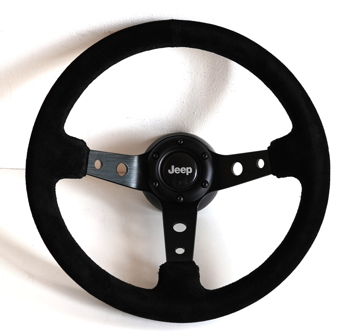 Steering Wheel For Jeep Cherokee Wagoneer Renegade CJ 3 5 6 7 Golden Eagle Laredo Pick up - Black Alcantara Leather, Suede, Deep Dish, 350mm