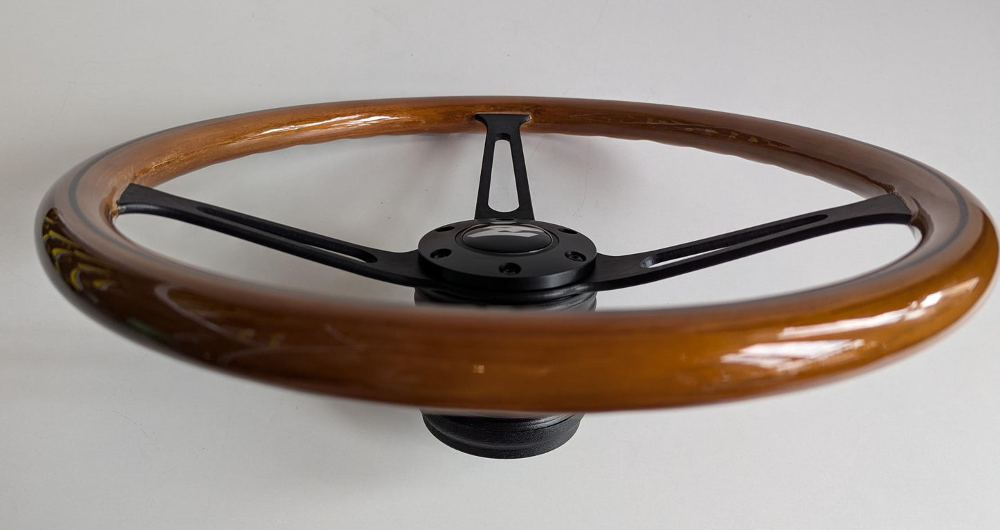 Steering Wheel For Datsun 240Z 260Z 280Z Fairlady Vintage - Wooden Rim, Black Spokes, Black Trim, Classic, 380mm
