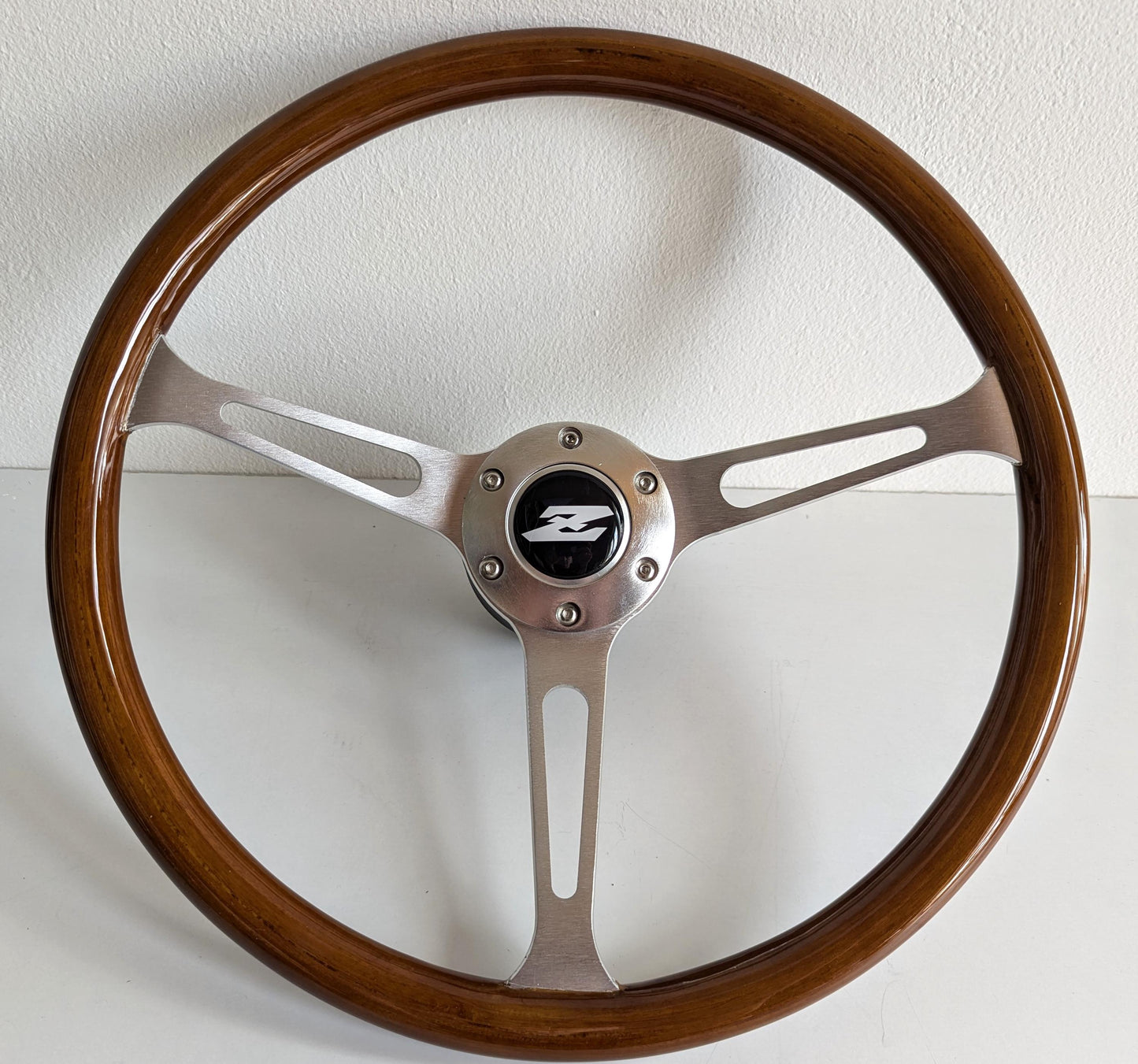 Steering Wheel For Datsun 240Z 260Z 280Z - Wooden Rim with Black Trim, Silver Spokes, Classic, 380mm