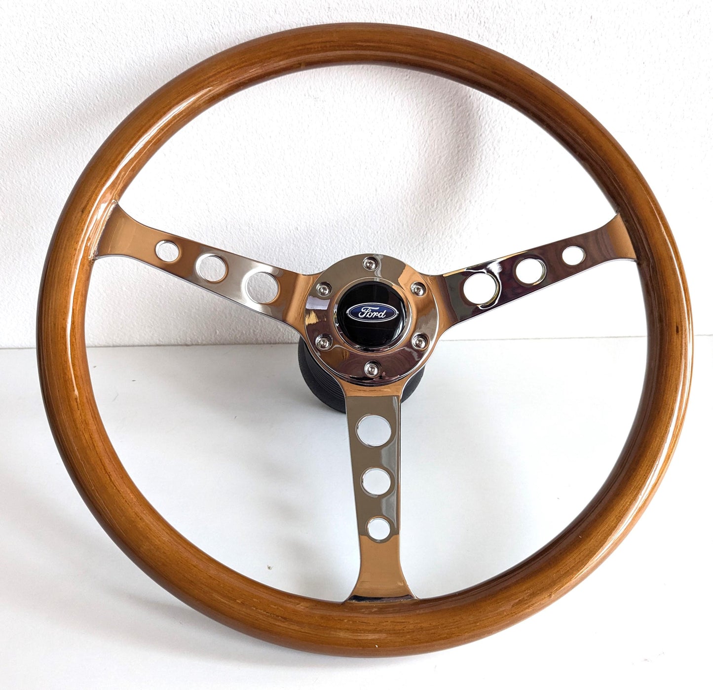 Steering Wheel For Ford F150 F250 F350 (1980-1991) - Wooden Rim, Chrome Spokes with Holes, Classic, Vintage Style, 380 mm