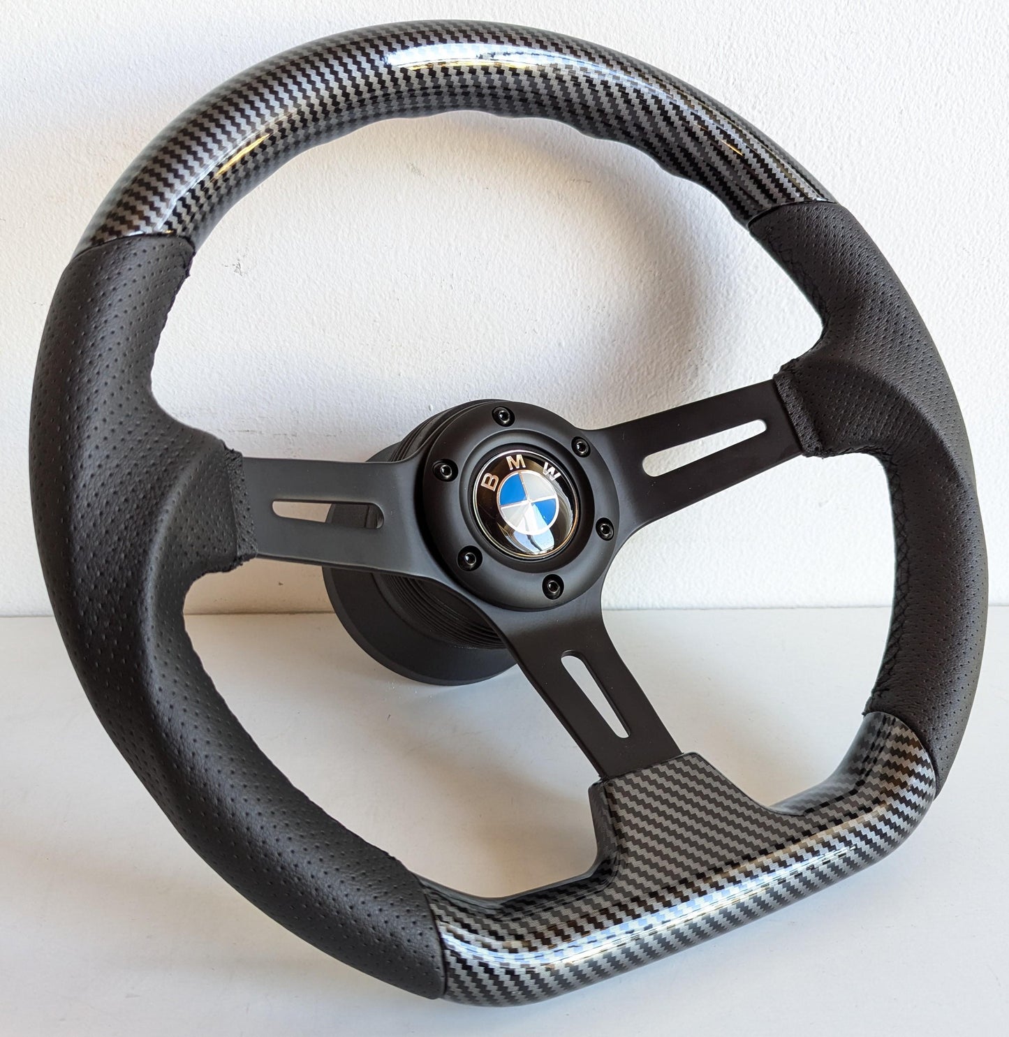 Steering Wheel For BMW E31 E32 E34 E36 (1992-1995) - Carbon Look, Flat Bottom, Black Matte Spokes, Sport Design, 350 mm