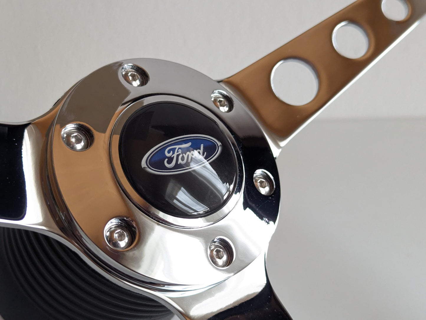 Steering Wheel For Ford F150 F250 F350 (1980-1991) - Wooden Rim, Chrome Spokes with Holes, Classic, Vintage Style, 380 mm