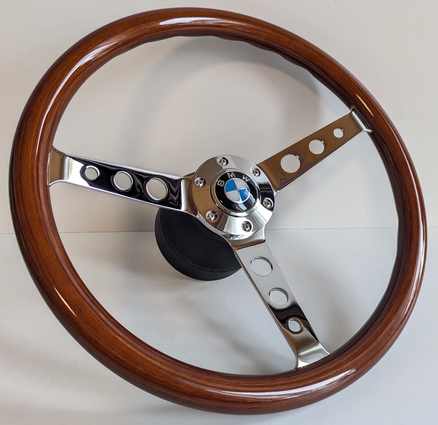 Steering Wheel For BMW - 380 mm, No Hub Adapter Included, Wooden Rim, Chrome Spokes with Holes, Classic, Vintage Style