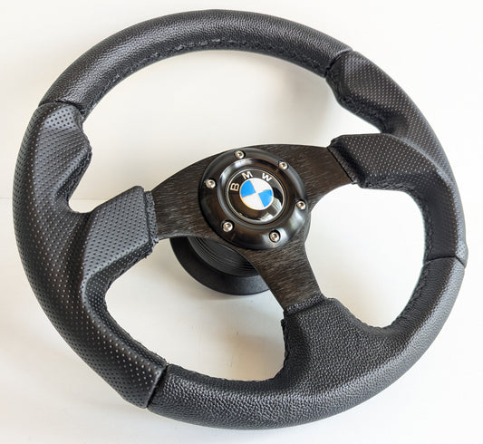 Steering Wheel For BMW E10 2002 1502 1602 1802 (1965-1976) - 320 mm, Perforated Leather, Black Spokes, Sport Vision, Drift