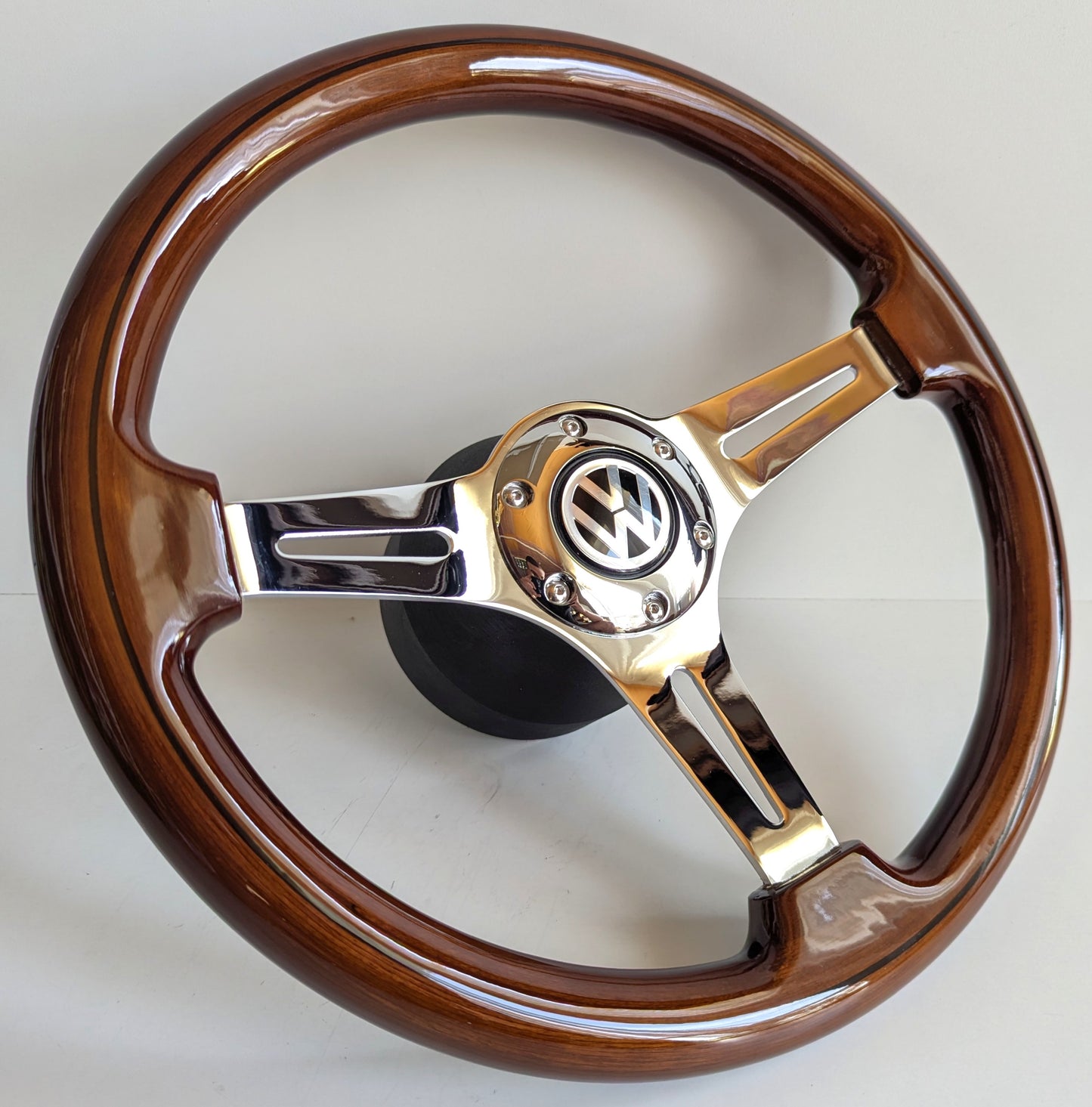 Steering Wheel For VW T4 Multyvan Caravelle Transporter (1997-2004) - Solid Wood, Vintage Chrome Spokes, Black Trim, 350 mm