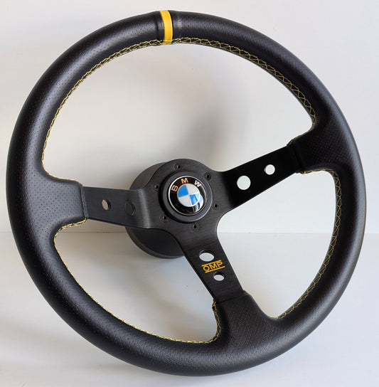 Steering Wheel For BMW E10 2002 1502 1602 1802 (1965-1976) - Deep Dish, Yellow Stitching, Black Spokes with Holes, Sport Vision, 350 mm