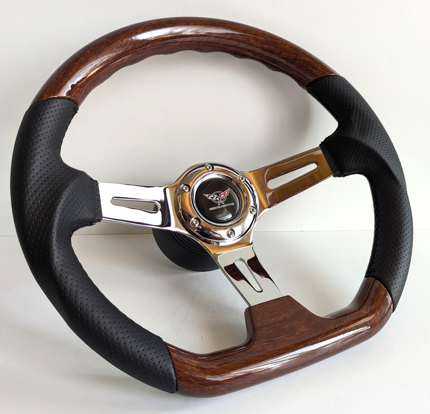 Steering Wheel For Chevrolet Corvette C3 Chevy Corvete (1969-1983) - Flat Bottom, Wood, Vintage, Black Leather, Chrome spokes, 350 mm