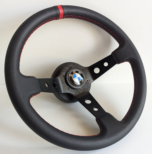 Steering Wheel For BMW E10 2002 1502 1602 1802 (1965-1976) - Deep Dish, Red Stitching, Black Spokes with Holes, Sport Vision, 350 mm