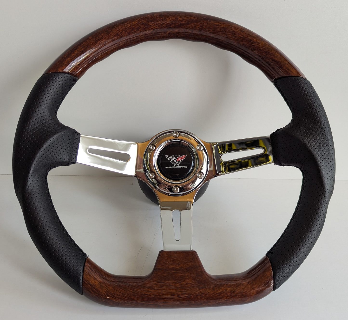 Steering Wheel For Chevrolet Corvette C3 Chevy Corvete (1969-1983) - Flat Bottom, Wood, Vintage, Black Leather, Chrome spokes, 350 mm