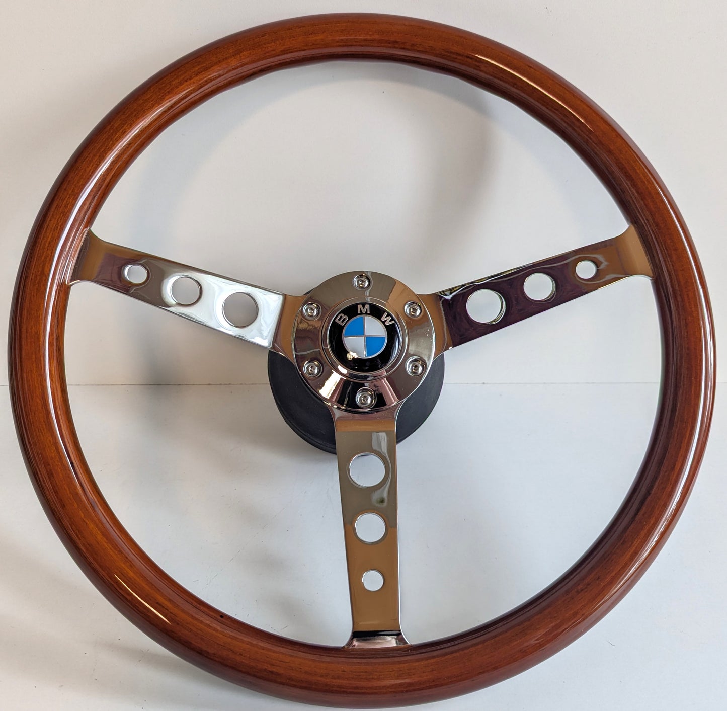 Steering Wheel For BMW - 380 mm, No Hub Adapter Included, Wooden Rim, Chrome Spokes with Holes, Classic, Vintage Style