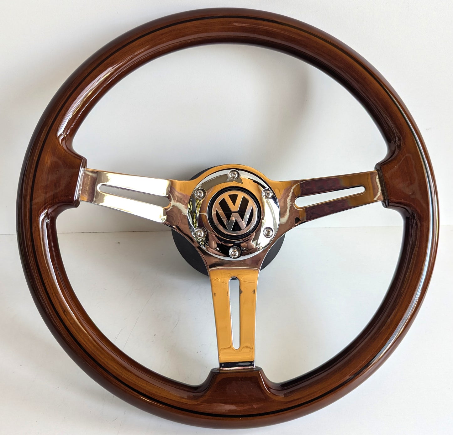 Steering Wheel For VW T4 Multyvan Caravelle Transporter (1997-2004) - Solid Wood, Vintage Chrome Spokes, Black Trim, 350 mm