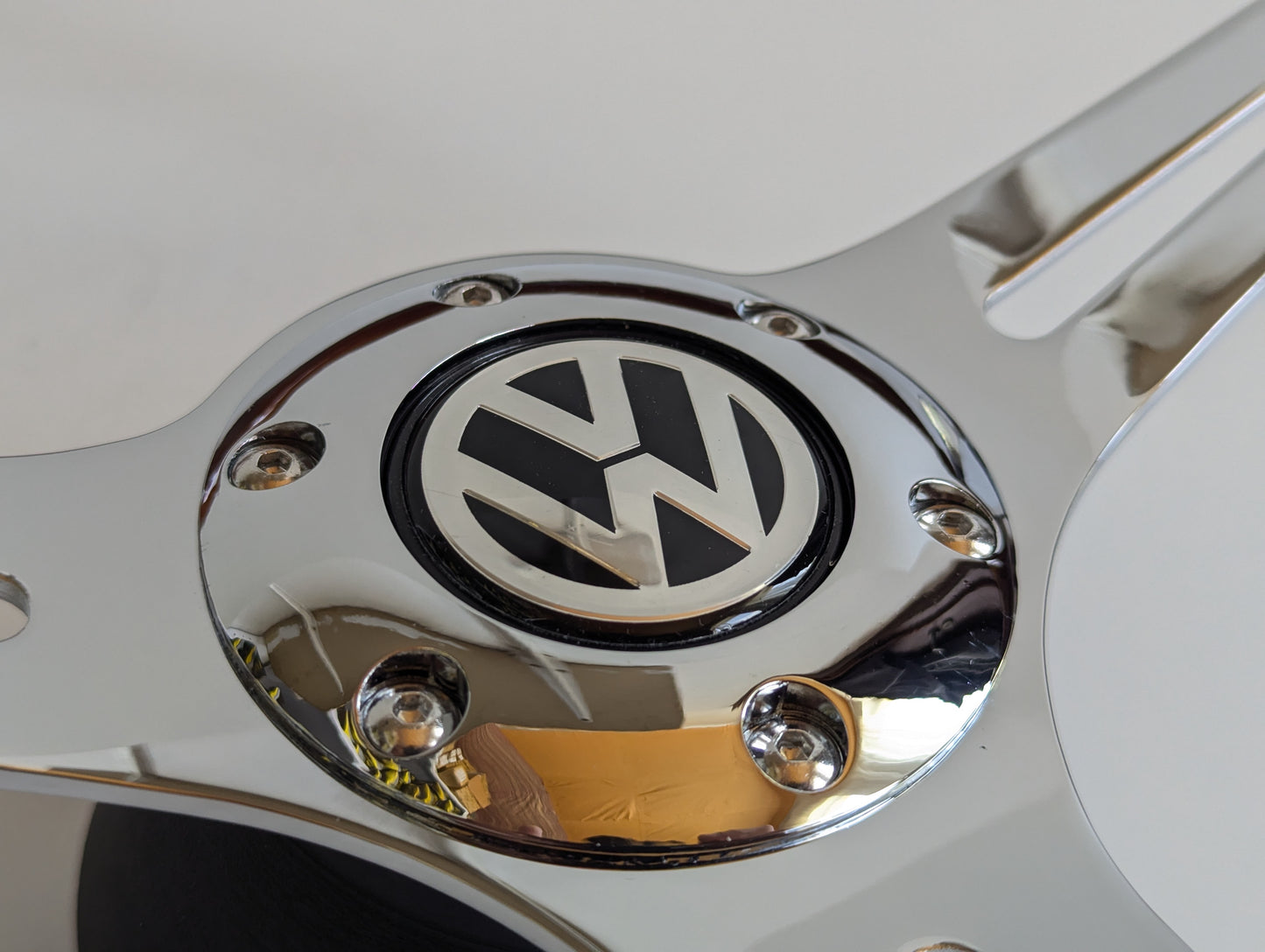 Steering Wheel For VW T4 Multyvan Caravelle Transporter (1997-2004) - Solid Wood, Vintage Chrome Spokes, Black Trim, 350 mm
