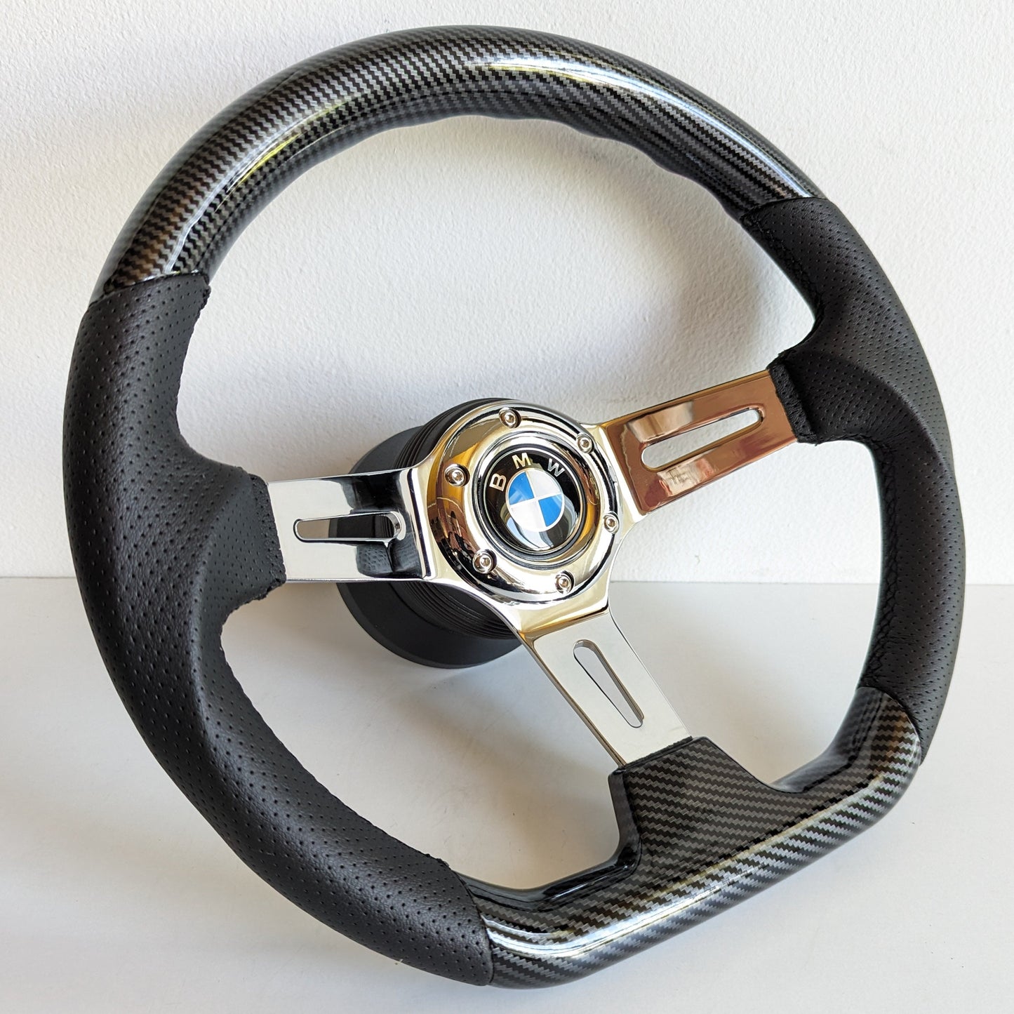 Steering Wheel For BMW E90 E91 E92 E93 E82 E87 E85 Z4 (2005-2009) - Carbon Look, Flat Bottom, Chrome Spokes, Sport Design, 350 mm