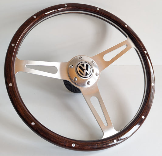 Steering Wheel For VW Bus T2 Caravelle Vanagon Transporter (1968-1972) - Wooden Rim, Classic, Vintage Vision, Silver Spokes, 380 mm