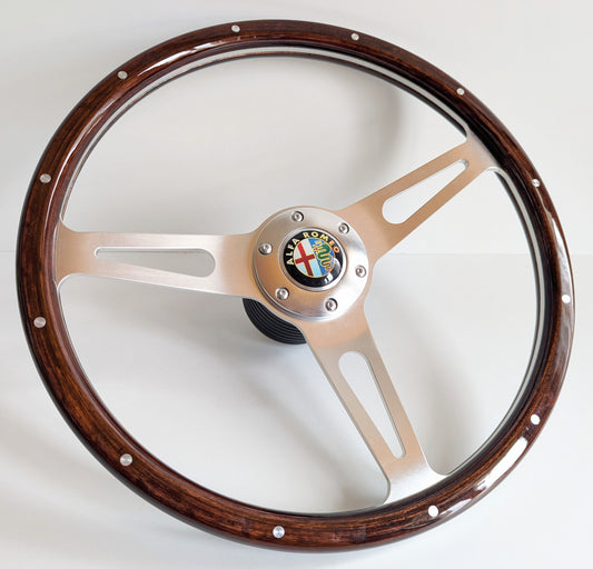 Steering Wheel For Alfa Romeo GT, SPIDER, Montreal, (1969-1982) - Dark Wood Rim, Classic, Vintage Vision, Silver Spokes, 380 mm