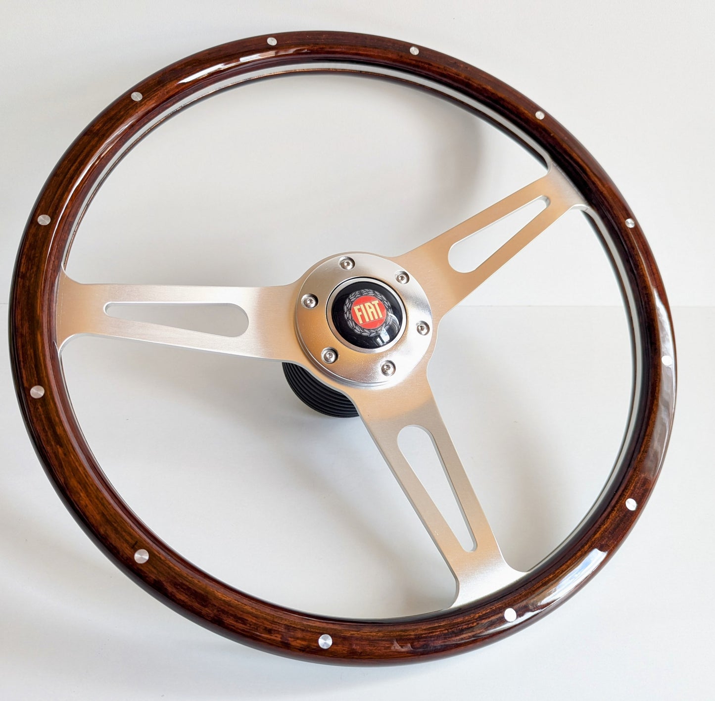 Steering Wheel For Fiat 124, 125, 128 & 850 Berlina / Special (Since 1965) - Wooden Rim, Classic, Vintage Vision, Silver Spokes, 380 mm