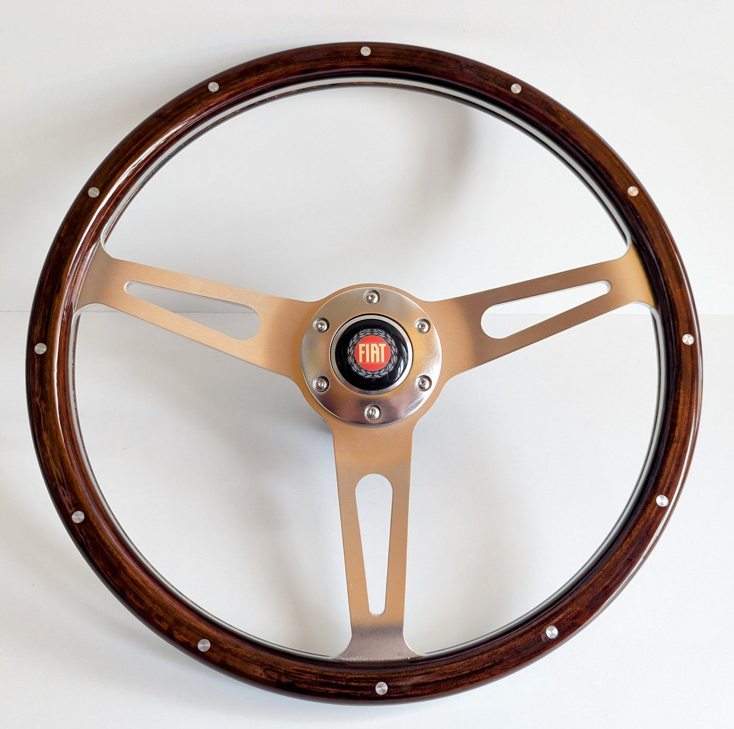 Steering Wheel For Fiat 124, 125, 128 & 850 Berlina / Special (Since 1965) - Wooden Rim, Classic, Vintage Vision, Silver Spokes, 380 mm