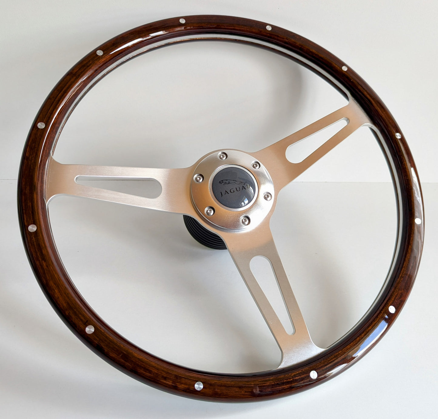 Steering Wheel For Jaguar XJ12 XJ XJ5 XJ6 XJS - Wooden Rim, Classic, Vintage Vision, Silver Spokes, 380 mm