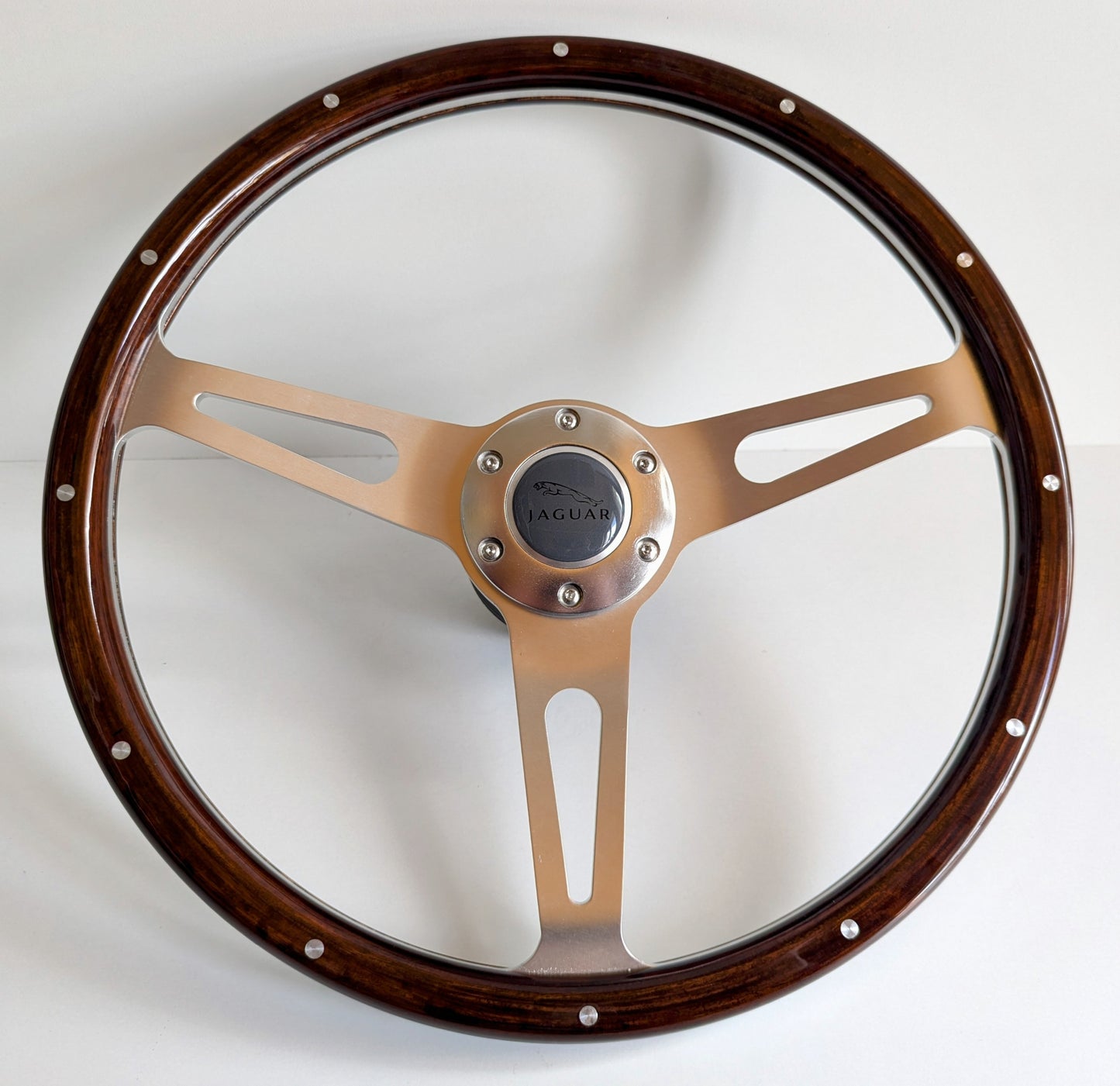 Steering Wheel For Jaguar XJ12 XJ XJ5 XJ6 XJS - Wooden Rim, Classic, Vintage Vision, Silver Spokes, 380 mm