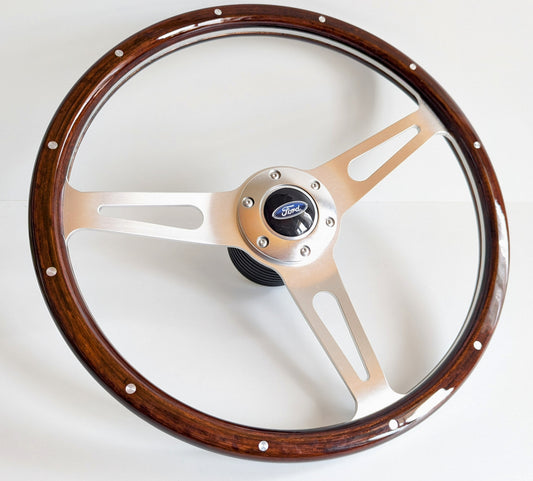 Steering Wheel Fits For Ford Bronco 1983-1990- Wooden Rim, Classic, Vintage Vision, Silver Spokes, 380 mm