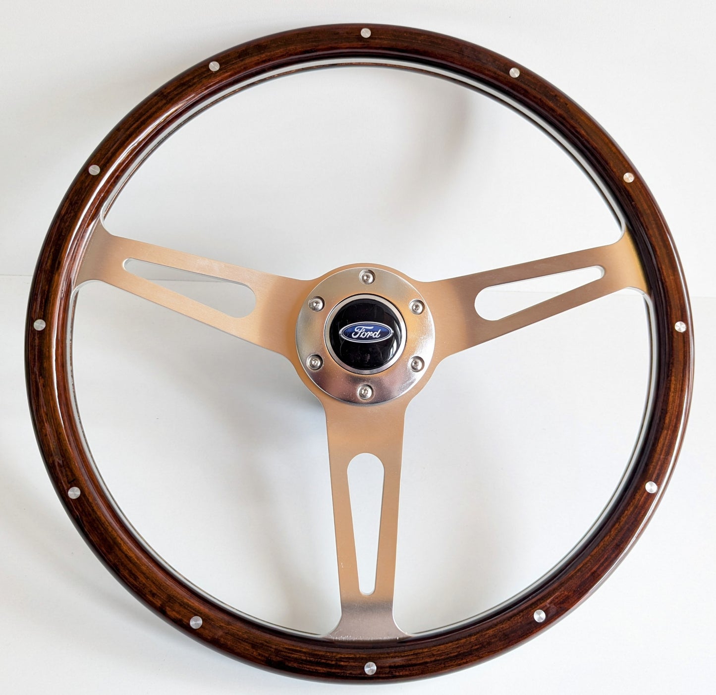 Steering Wheel Fits For Ford Bronco 1983-1990- Wooden Rim, Classic, Vintage Vision, Silver Spokes, 380 mm