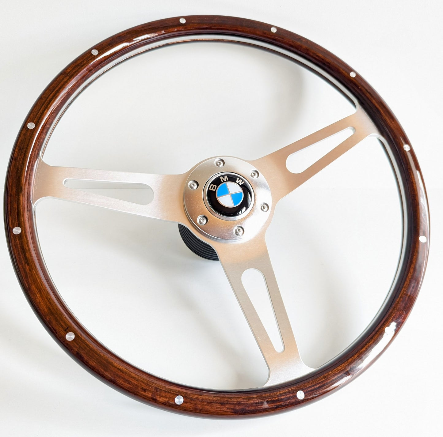 Steering Wheel For BMW - E3 E9 E12 E21 E23 E24 E28 (1976-1985) - Wooden Rim, Classic, Vintage Vision, Silver Spokes, 380mm