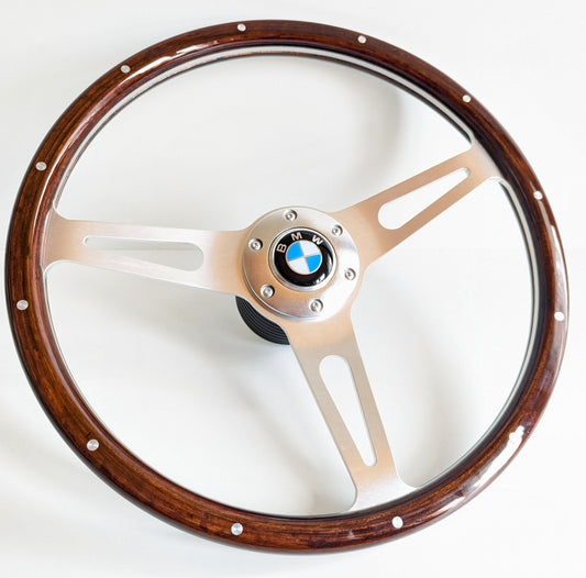 Steering Wheel For BMW - E3 E9 E12 E21 E23 E24 E28 (1976-1985) - Wooden Rim, Classic, Vintage Vision, Silver Spokes, 380mm