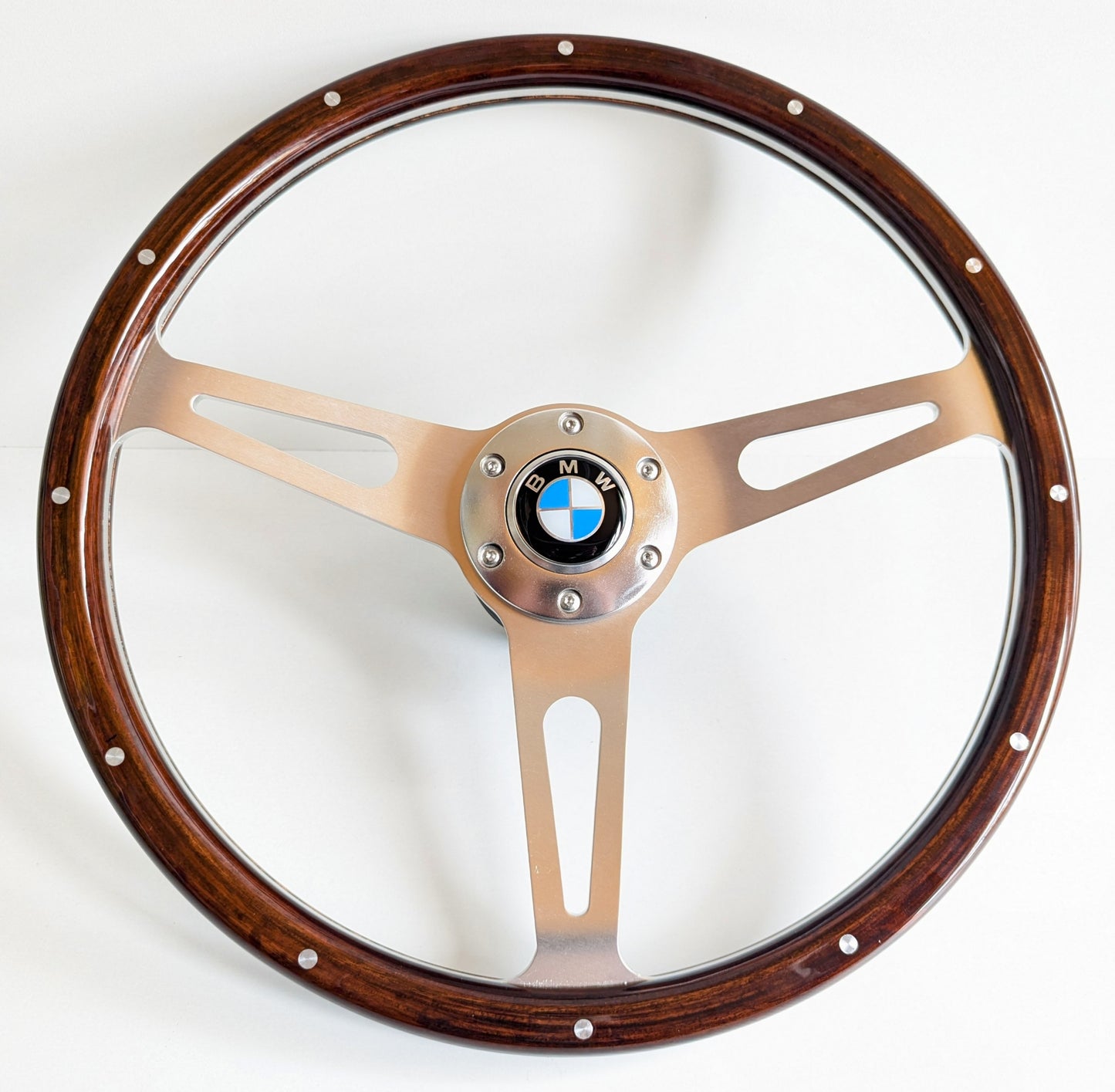 Steering Wheel For BMW - E3 E9 E12 E21 E23 E24 E28 (1976-1985) - Wooden Rim, Classic, Vintage Vision, Silver Spokes, 380mm
