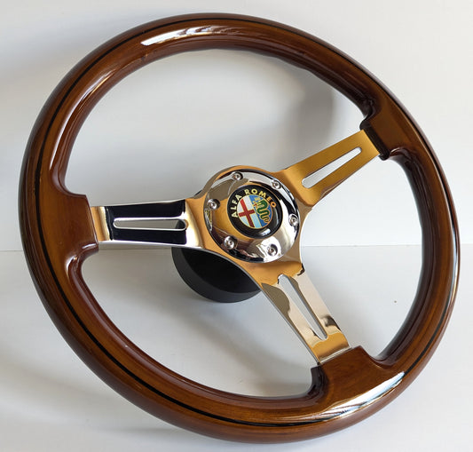 Steering Wheel For Alfa Romeo Spider (1983-1989) - Solid Wood, Vintage Chrome Spokes, Black Trim, 350 mm